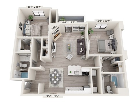 Floor plan for 2 beds, 2 baths, 1100 sqft